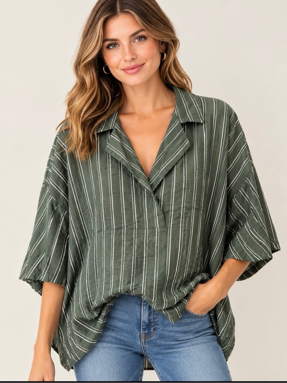 Anthropologie The Dylon Striped Olive Green Wide Placket Top Large